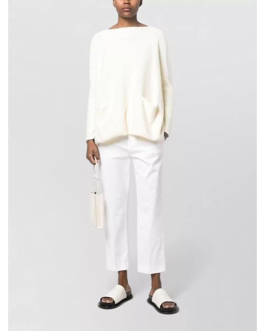 Daniela Gregis White Boat Neck Relaxed Knit Sweater Pockets