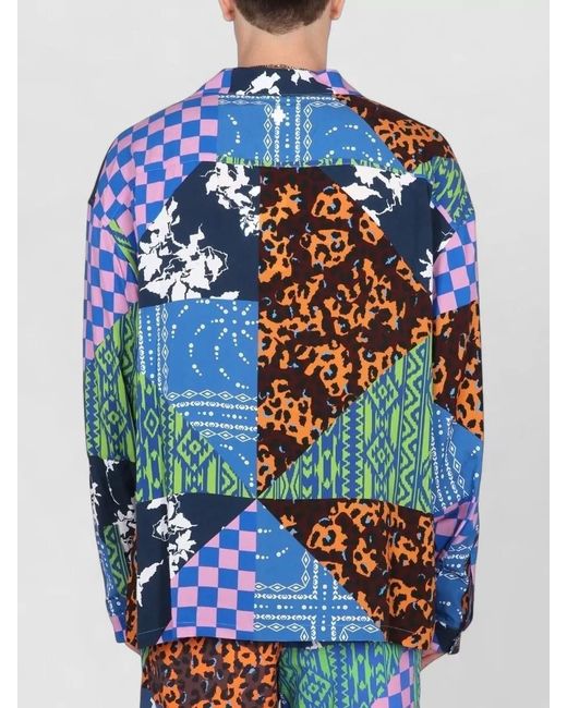 Marcelo Burlon Blue Hawaii Patchwork Shirt Bowling Collar Long Sleeves for men