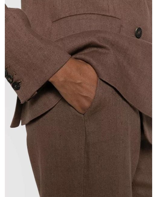 Via Masini 80 Brown Linen Trousers Belt Loops Button Detail