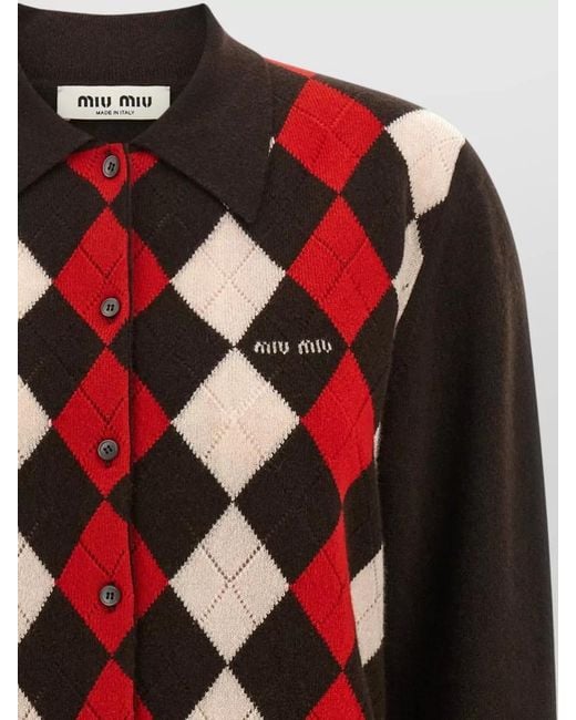 Miu Miu Red Cashmere Cardigan Polo Collar Argyle Knit