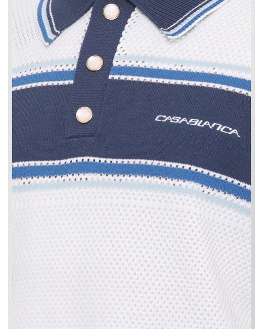 Casablanca Blue Striped Cotton Polo Shirt Short Sleeves Ribbed Trims for men
