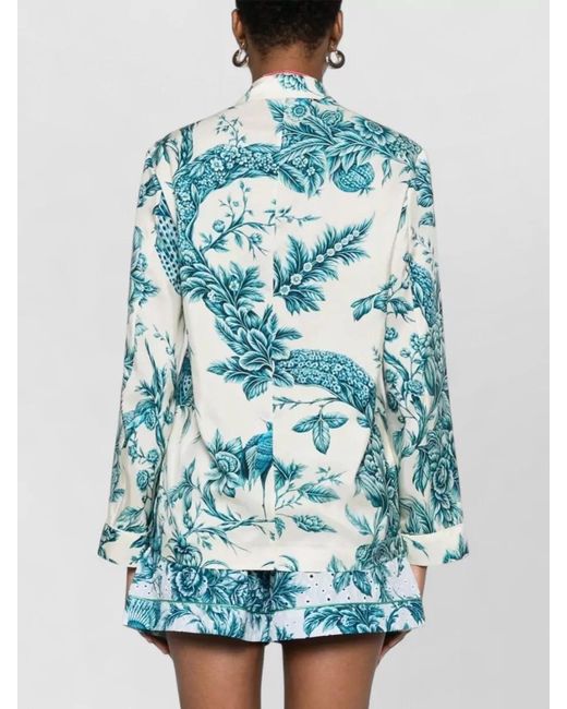F.R.S For Restless Sleepers Blue Silk Shirt Floral Pattern Notched Lapels