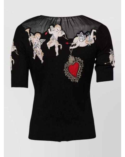 Dolce & Gabbana Black Embroidered Virgin Wool Silk Crewneck Knitted Top
