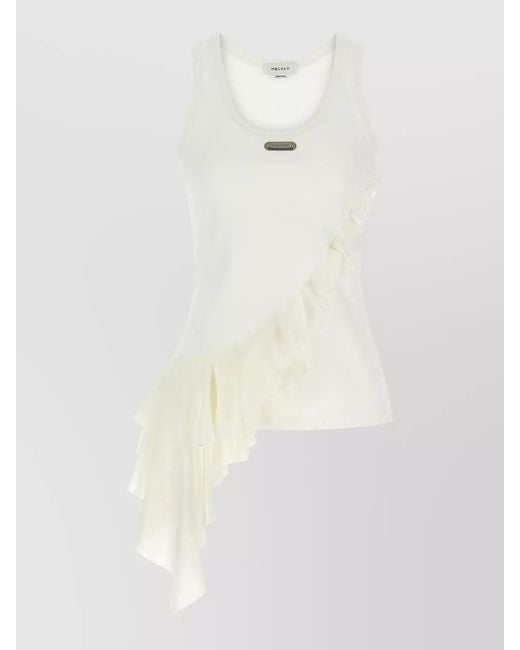 McQueen White Silk Tank Top Ruffle Detail Sleeveless