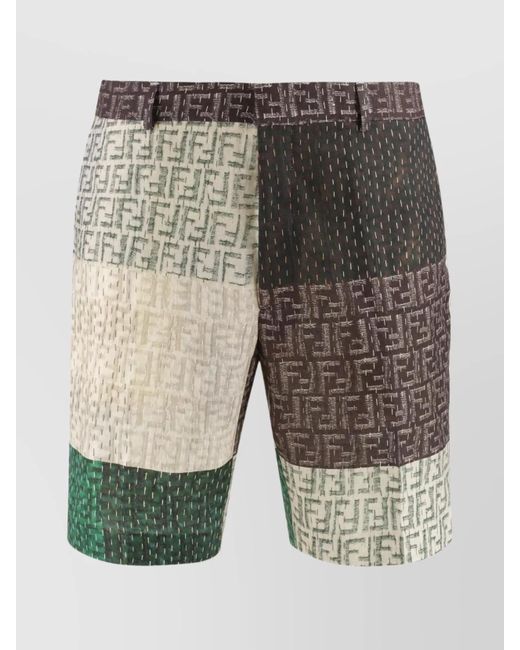 Fendi Gray Linen Patchwork Bermuda Shorts Pockets for men