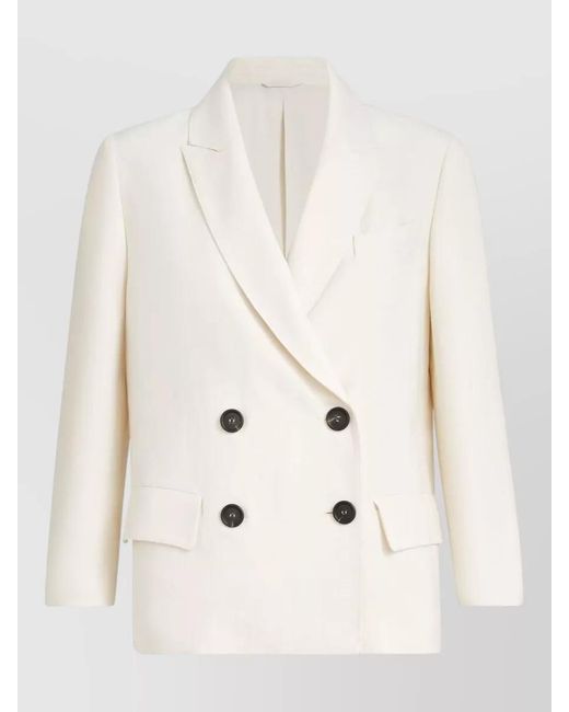Brunello Cucinelli Natural Linen Viscose Cropped Double-Breasted Blazer