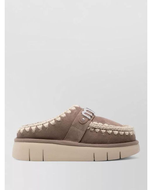 Mou Brown Slippers Embroidered Motif Flat Sole Round Toe