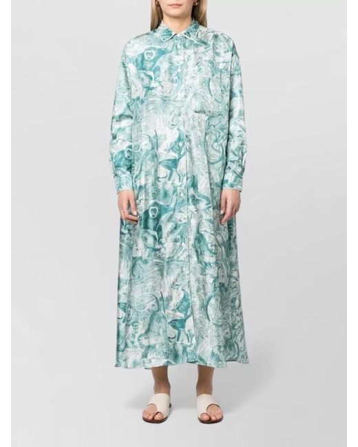 F.R.S For Restless Sleepers Blue Silk Shirt Dress Japanese Branch Print