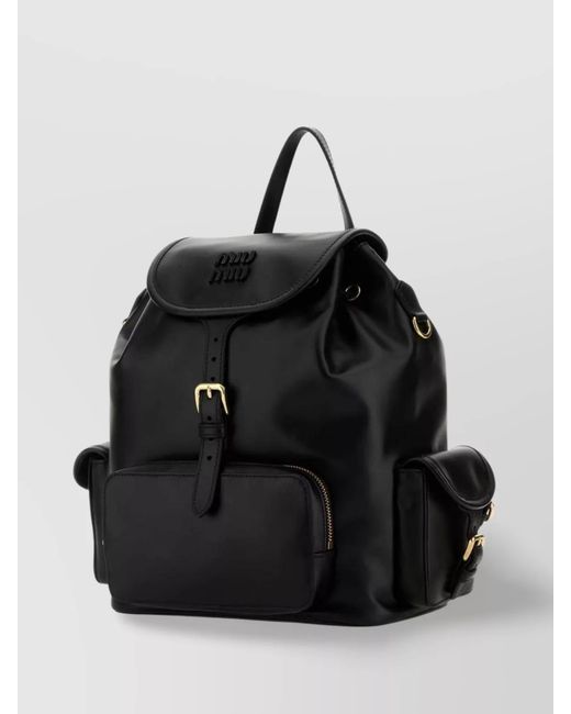 Miu Miu Black Leather Backpack With Front And Side Pockets