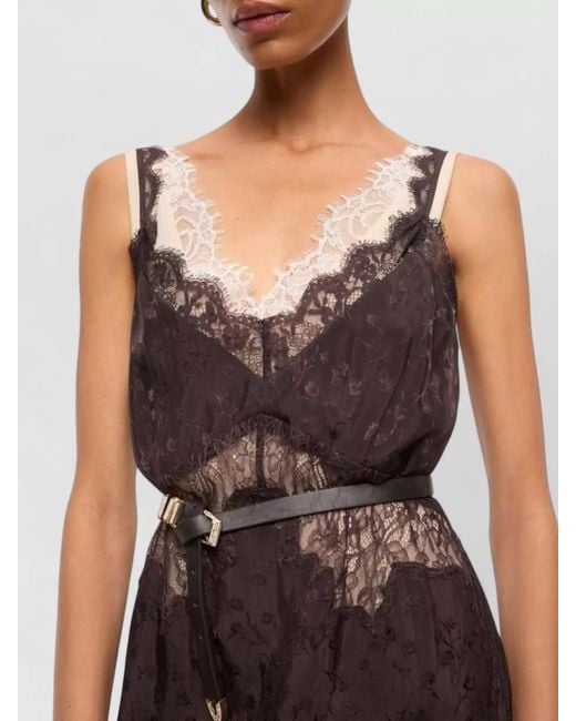 Pinko Brown Knee Length Dress Belt Lace Neckline