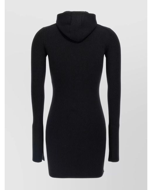 Fendi Black Wool Silk Ribbed Hooded Mini Dress