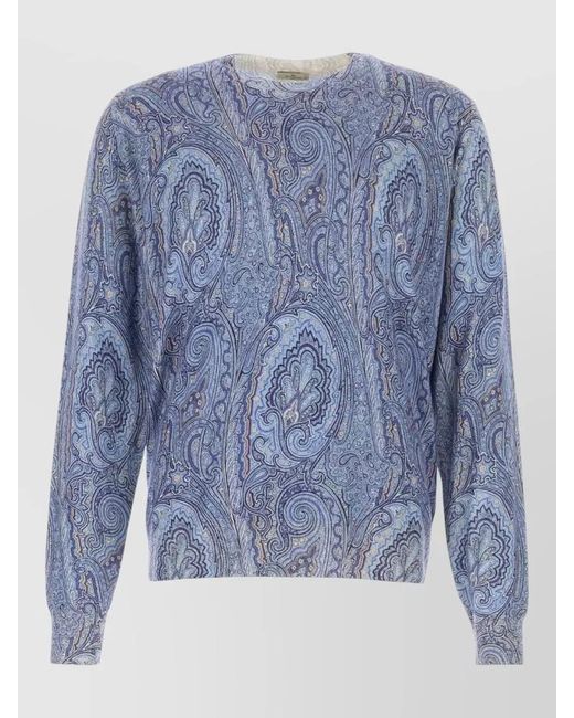 Etro Blue Silk Cashmere Printed Sweater for men