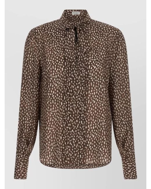 Brunello Cucinelli Brown Silk Shirt Lavallière Collar Polka Dots