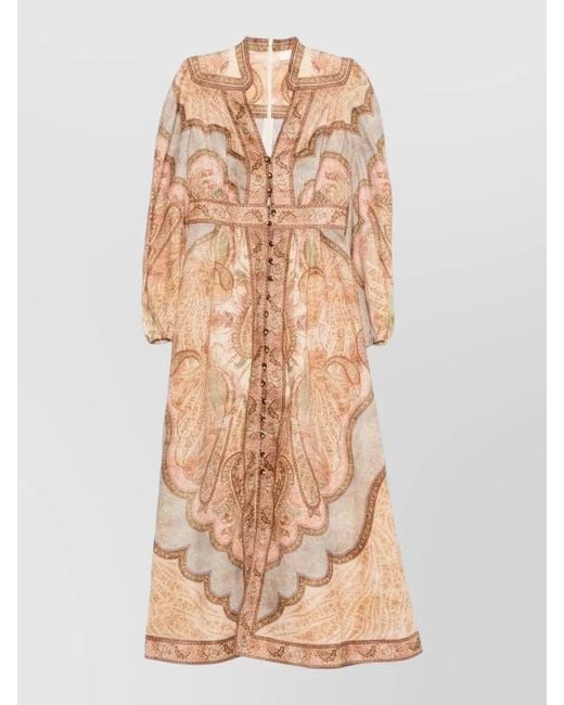 Zimmermann Natural Linen Printed V-Neck Long-Sleeve Midi Dress
