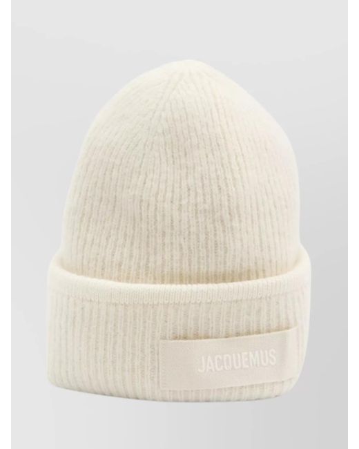 Jacquemus Natural Ribbed Knit Beanie With Contrasting Folded Brim
