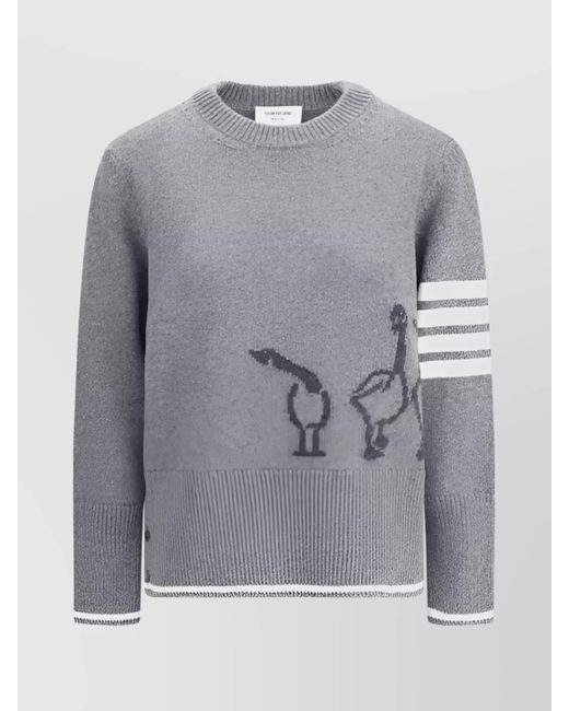 Thom Browne Gray Geese Graphic Wool Sweater With Asymmetric Hem