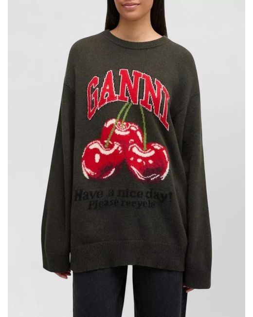 Ganni Red Oversized Wool-Blend Crew-Neck Sweater
