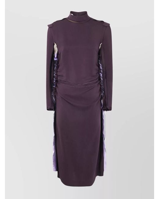 Maison Margiela Purple Silk High Neck Long Sleeve Gathered Midi Dress