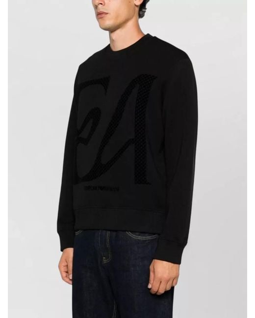 Emporio Armani Black Logo Cotton Sweatshirt Regular Fit Ribbed Cuffs for men