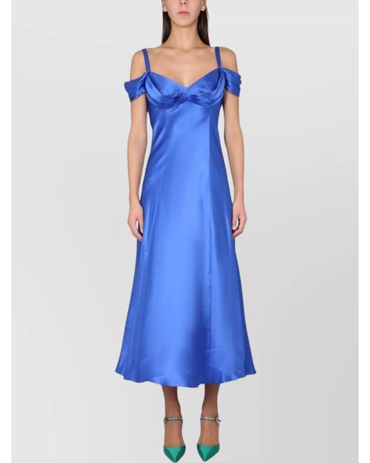 Alberta Ferretti Blue Silk Off-The-Shoulder V-Neck Midi Dress