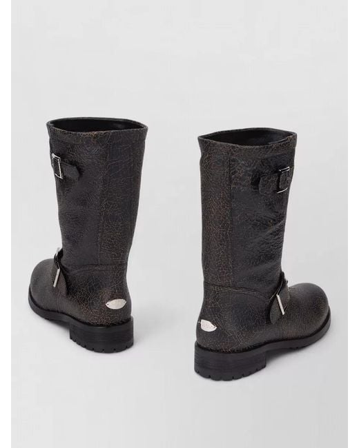 Jimmy Choo Black Leather Biker Boots Buckles Cracked Finish
