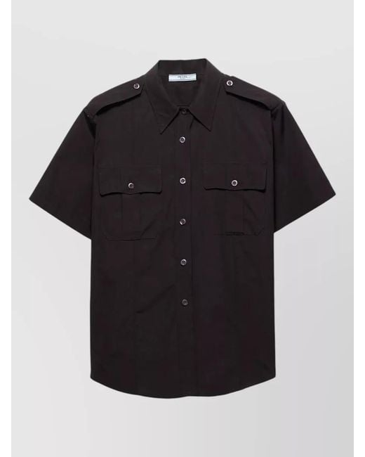 Prada Black Utility Poplin Shirt Short Sleeves Epaulettes