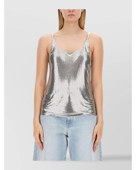 Rabanne Blue Mesh Top With Metallic Sequin Embellishment
