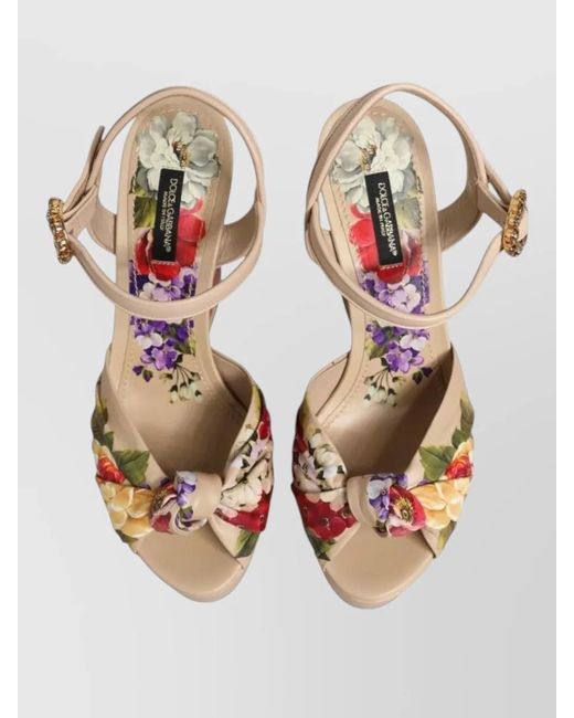 Dolce & Gabbana Natural Leather Floral Ankle Strap Wedge Sandals