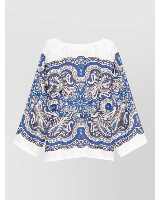 P.A.R.O.S.H. Blue Paisley Shirt Long Sleeves Tie Neckline