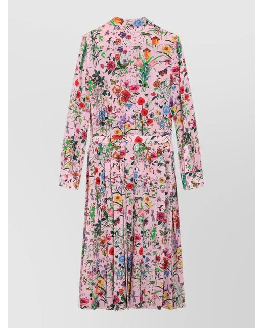 Gucci White Floral Print Dress Long Sleeves Pleated Skirt