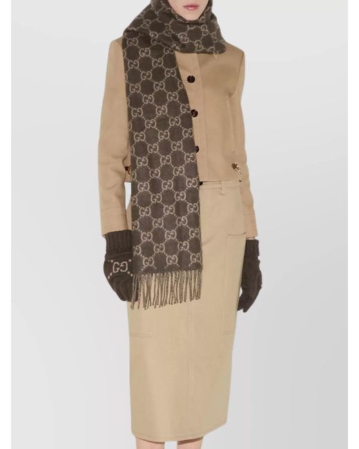Gucci Brown Cashmere Fringed Logo-Pattern Scarf