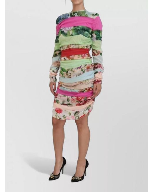 Dolce & Gabbana Red Silk Floral-Print Long-Sleeve Knee-Length Dress