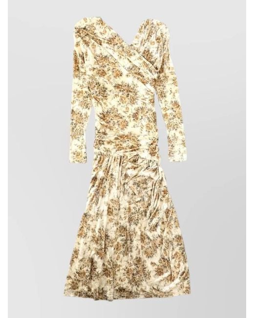 Ganni Metallic Long Dress Asymmetric Neckline Floral Pattern