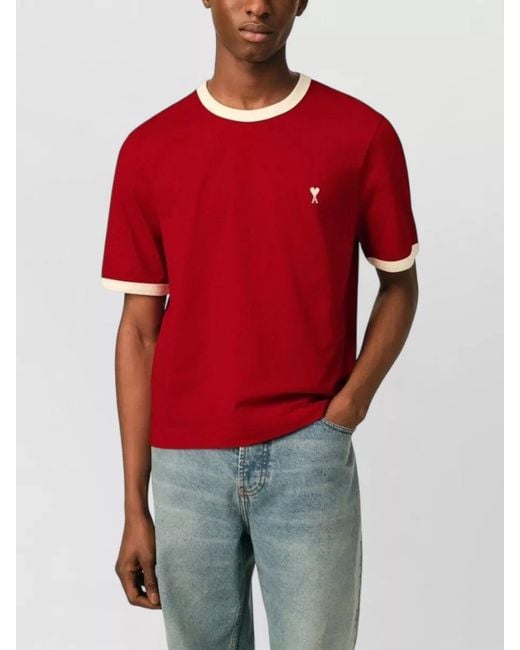 AMI Red Short Sleeve Crew Neck Contrast Trim Shirt for men
