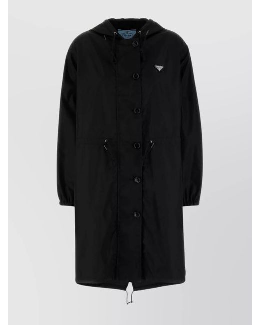 Prada Black Long Hooded Raincoat Featuring Drawstring Hem