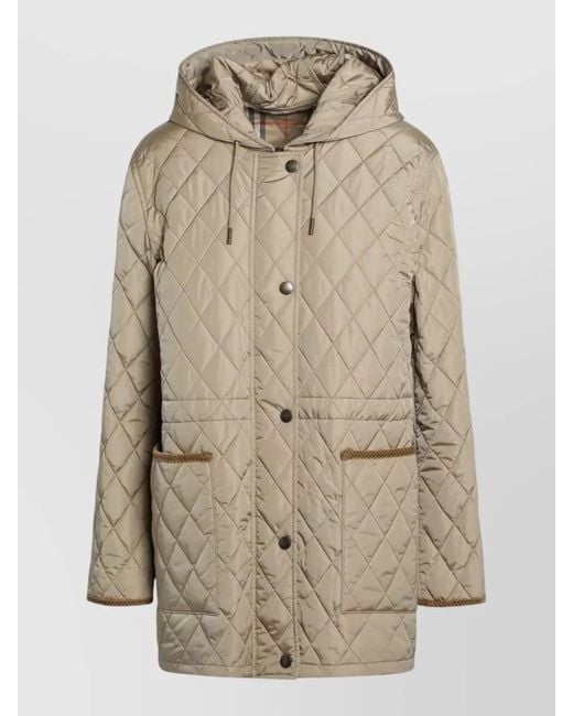 Burberry Natural Quilted Hooded Nylon Coat Front Pockets Long