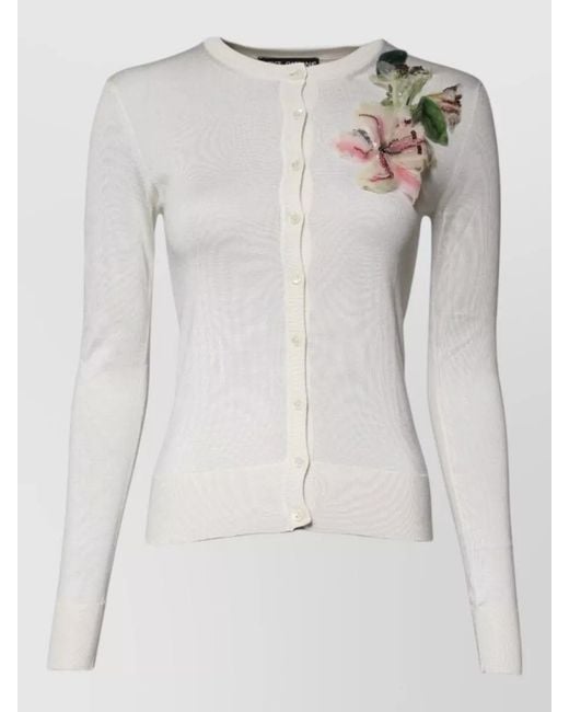 Dolce & Gabbana Gray Floral Silk Embellished Crew Neck Cardigan