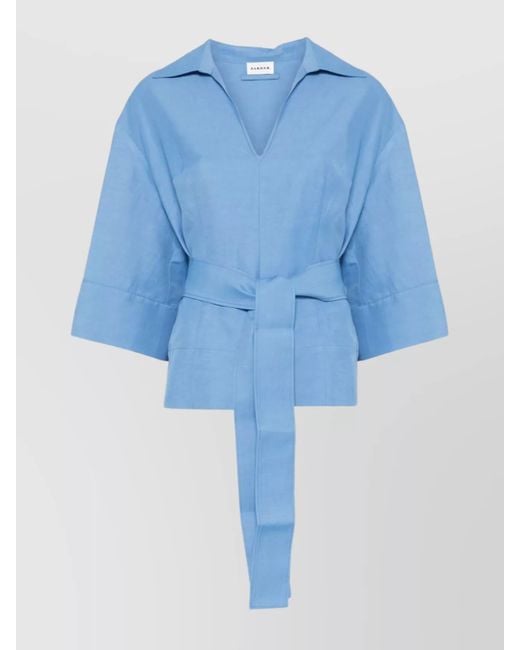 P.A.R.O.S.H. Blue Waist Belted Collared V-Neck Blouse