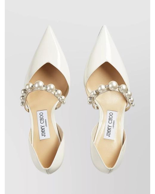 Jimmy Choo Natural Patent Leather Faux Pearl Embellished Mid Heel Pumps