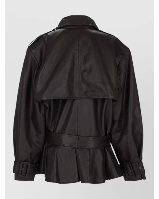 ROTATE BIRGER CHRISTENSEN Black Leather Biker Coat Belted Waist Epaulettes