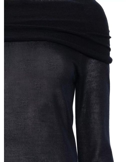 Roberto Collina Black Off Shoulder Silk Blend Sheer Sweater