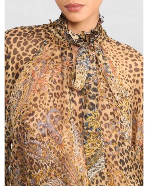 Etro Brown Silk Chiffon Paisley Animal-Print Blouse