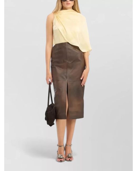 ROTATE BIRGER CHRISTENSEN Brown High Waist Leather Midi Pencil Skirt