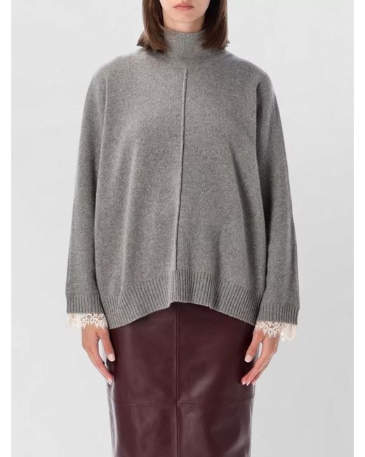Alberta Ferretti Gray Cashmere Top High Neck Lace Detail