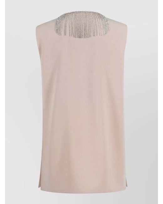Sportmax Natural Sleeveless Top Rhinestone Fringe V Neck