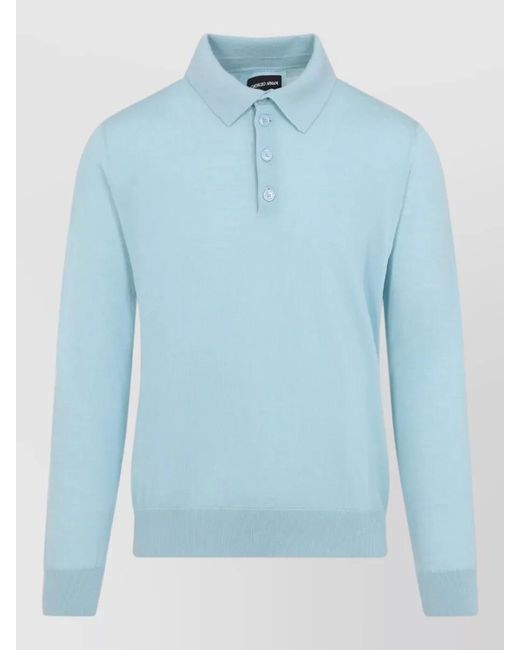Giorgio Armani Blue Virgin Wool Ribbed Polo Sweater for men