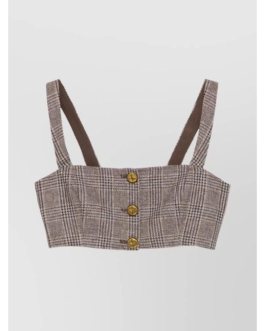 Self-Portrait Gray Buttoned Check Crop Top With Gathered Back