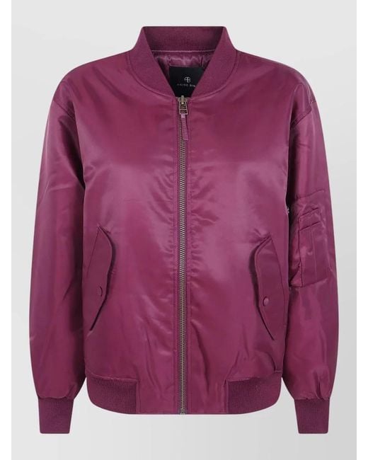 Anine Bing Pink Leon Bomber Jacket Ribbed Cuffs Hem Pockets