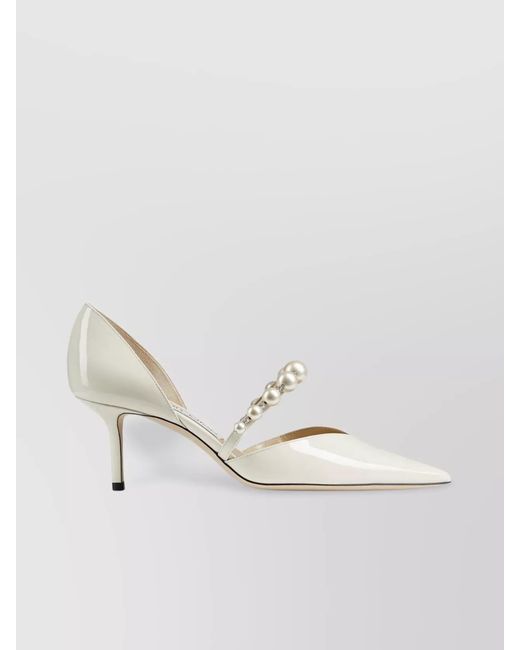Jimmy Choo Natural Patent Leather Faux Pearl Embellished Mid Heel Pumps