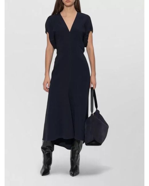 Victoria Beckham Blue Blouson V-Neck Midi Dress